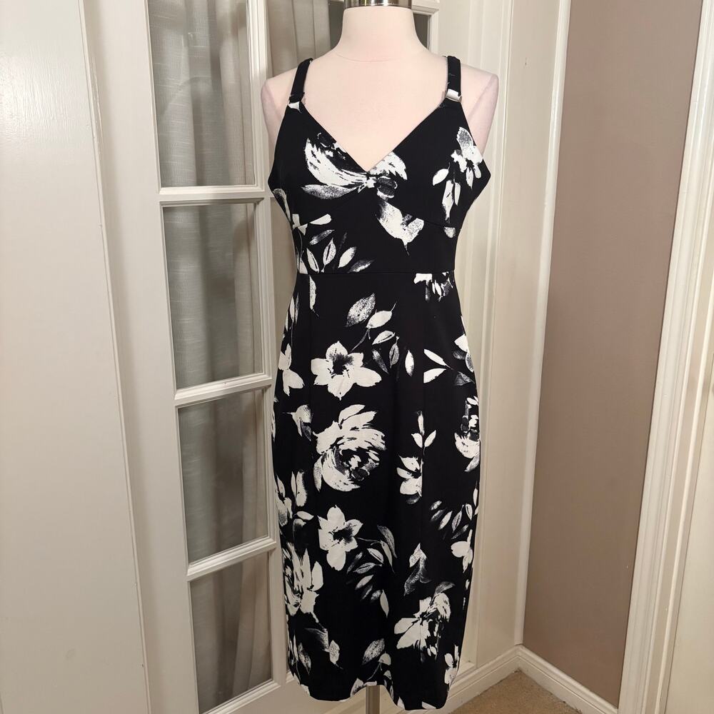 Ivanka Trump Womens Scuba Crepe Floral Square Hardware Strap Midi Sheath Dress